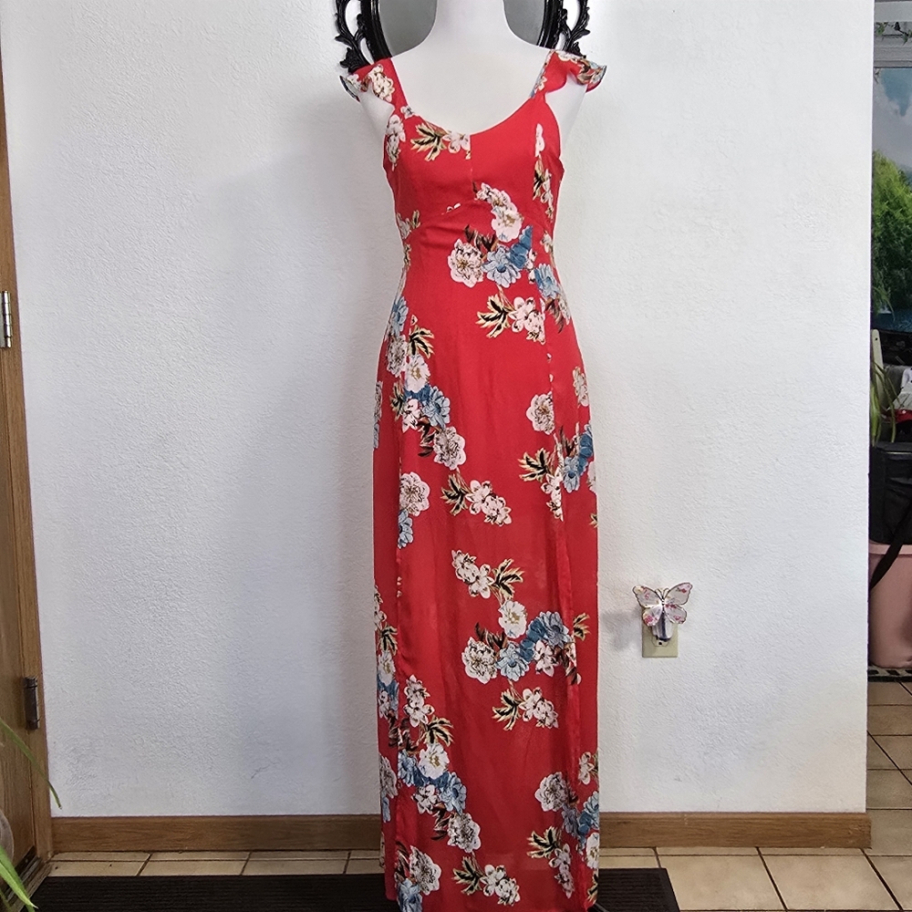 Red floral maxi dress